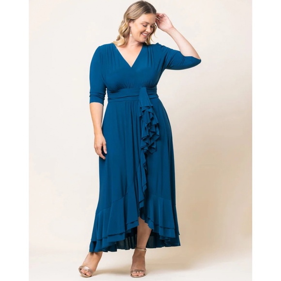 Blue side ruffle long cocktail party or evening dress - Picture 2 of 3